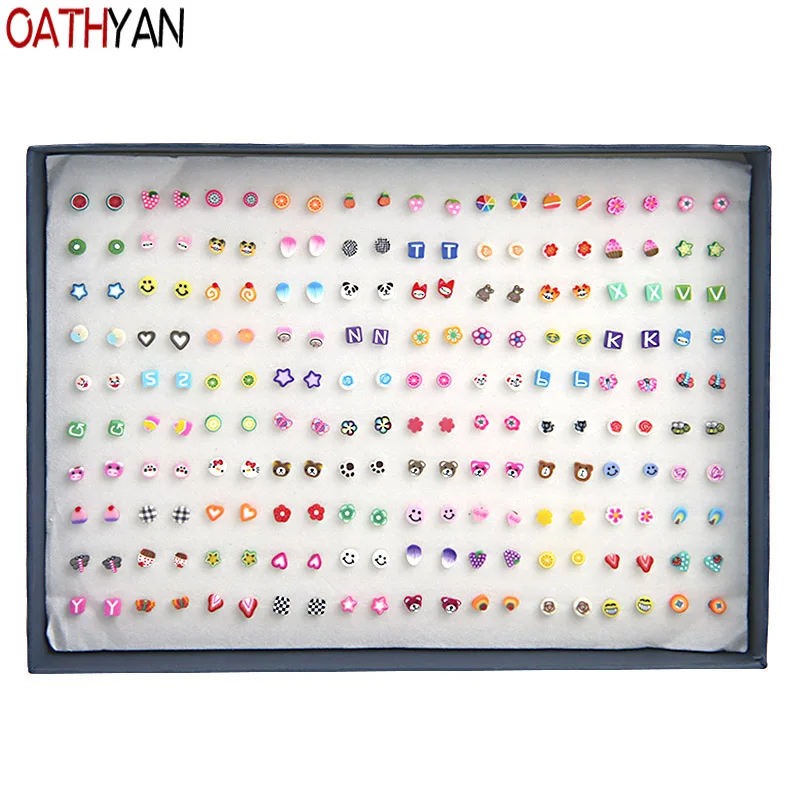 OATHYAN 100 пар/компл. для девочек с милыми животными, полимерная глина серьги-гвоздики в виде комплекта для Для женщин ручной работы с рисунком кошки медведя цветочным декором для маленьких девочек серьги