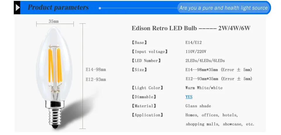 LED Candle Bulb E14 E12 2W 4W 6W AC 220V 110V Retro Antique Glass Edison Lamp Vintage C35 Filament Light for Chandelier (5)