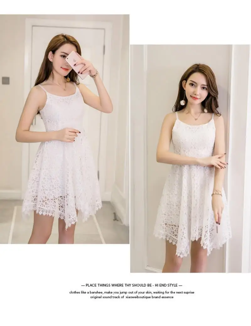 2018 New Hollow out lace dress women elegant spaghetti strap white lace sling dress vintage sleeveless black crochet dresses