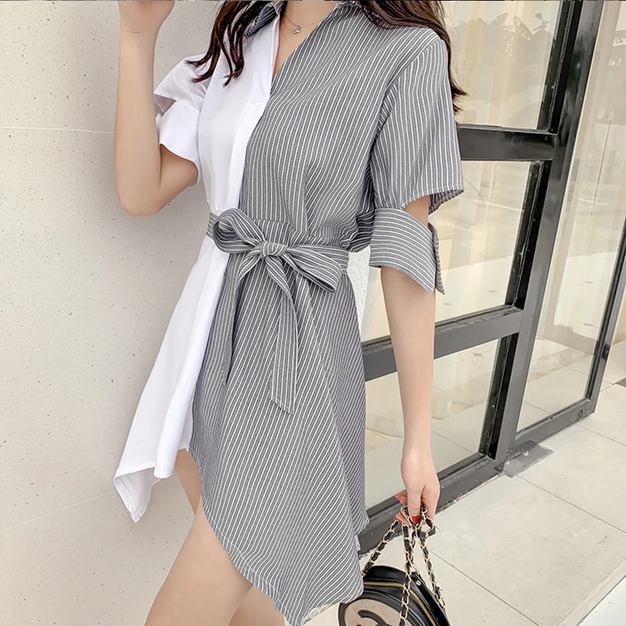 

Striped Print Casual Summer Dress Women Patchwork Hollow Sashes Bow Short Dresses Ladies Vintage Mini Dress Female Vestidos 5XL