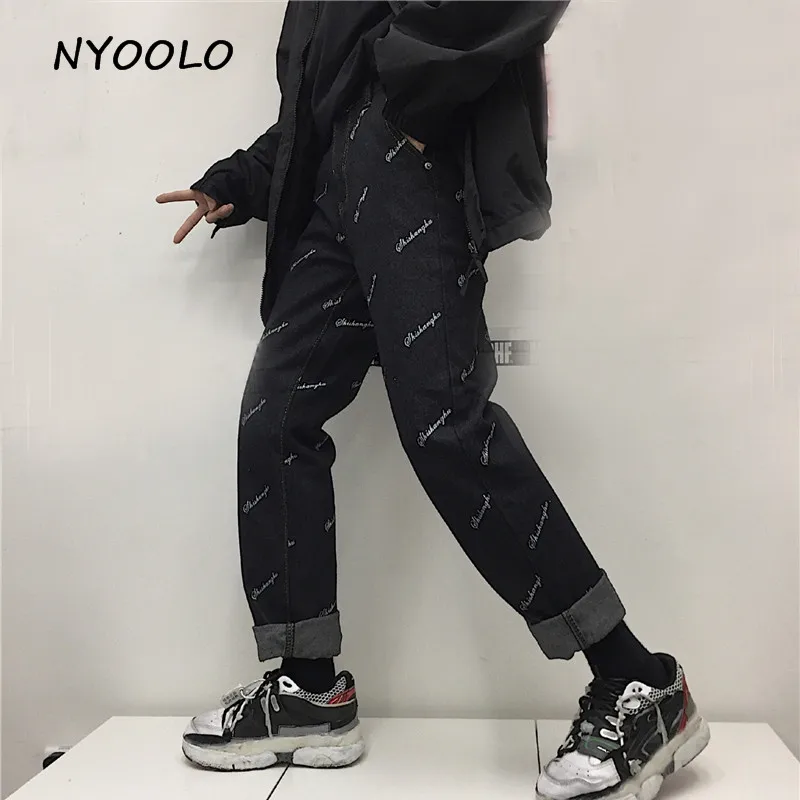 NYOOLO Harajuku винтажные уличные Джинсы бойфренда с буквенным принтом повседневные длинные прямые джинсовые штаны Женская/мужская одежда