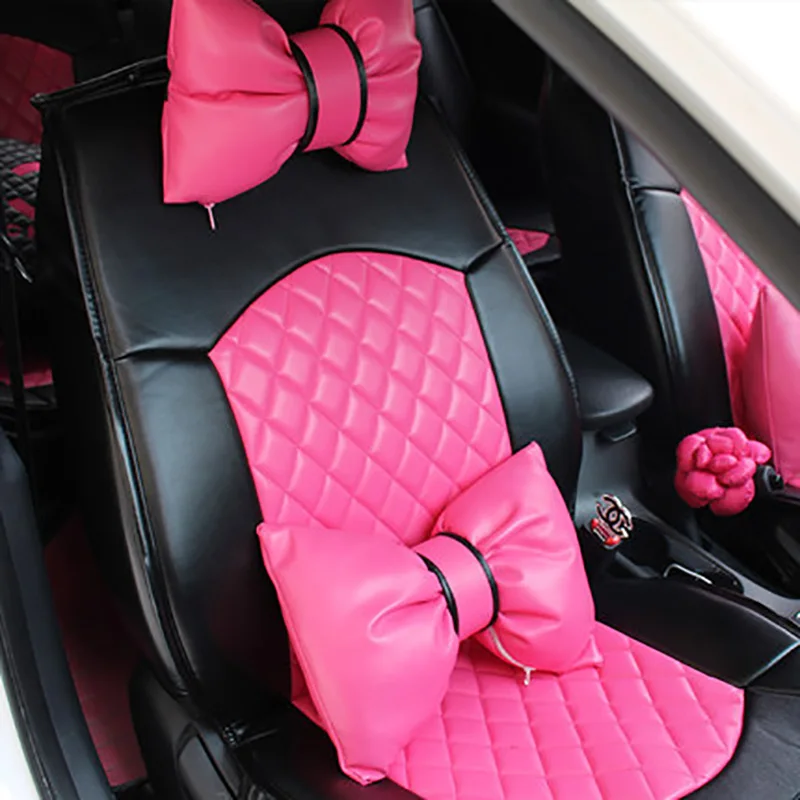 Кожаные подушки с бантиком для шеи автомобиля, поддерживающие подушки, автомобильное безопасное сиденье, подголовник, набор подушек, розовый и красный цвета, автомобильные аксессуары для девочек