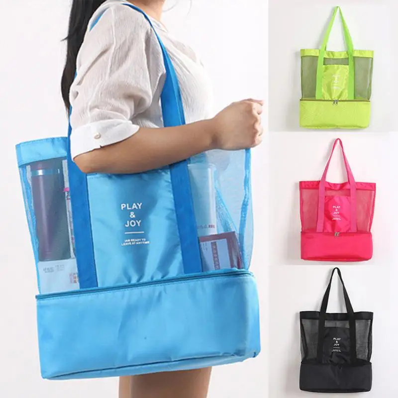 

Thermal Insulation Bag Handheld Lunch Bag Insulated Cooler Picnic Bag Mesh Beach Tote Bag Food Drink Storage Blue Black