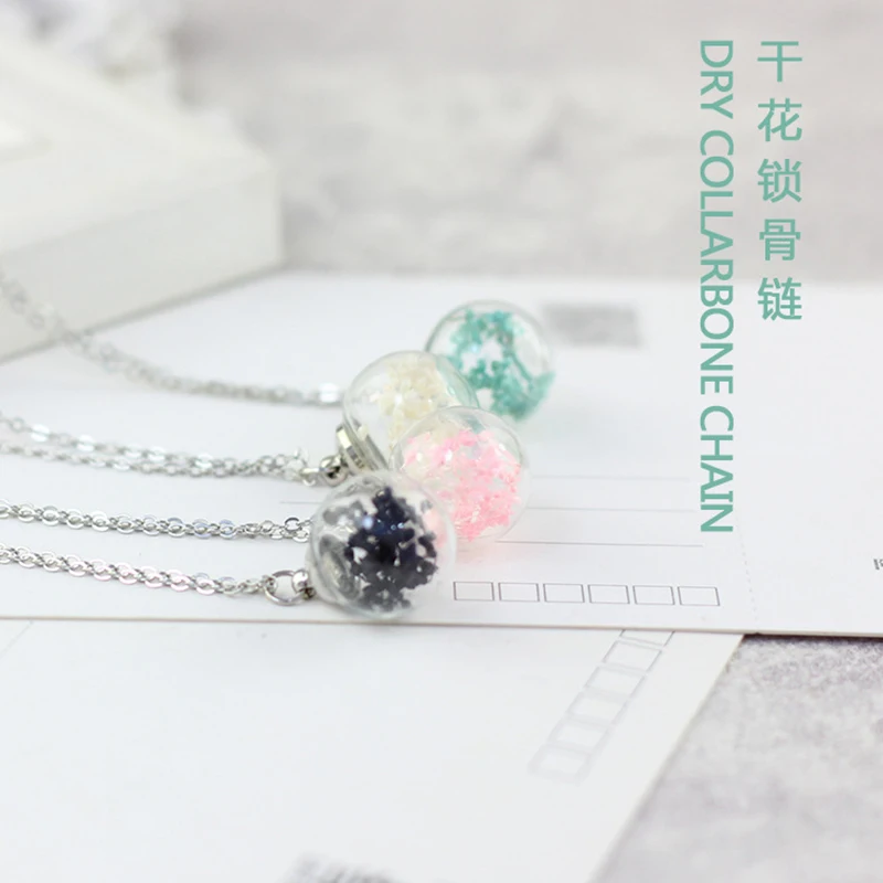 

Lidavi Handmade Glass Bottle Necklace Boutique Real Dried Flower Pendant Jewelry Necklace Collars Trendy Round For Women N162