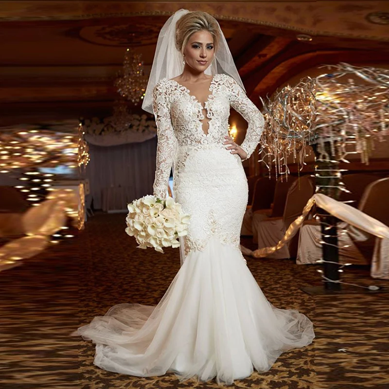 

Long Sleeves Vestido De Noiva 2019 Muslim Wedding Dresses Mermaid Lace Pearls Backless Boho Dubai Arabic Wedding Gown Bridal