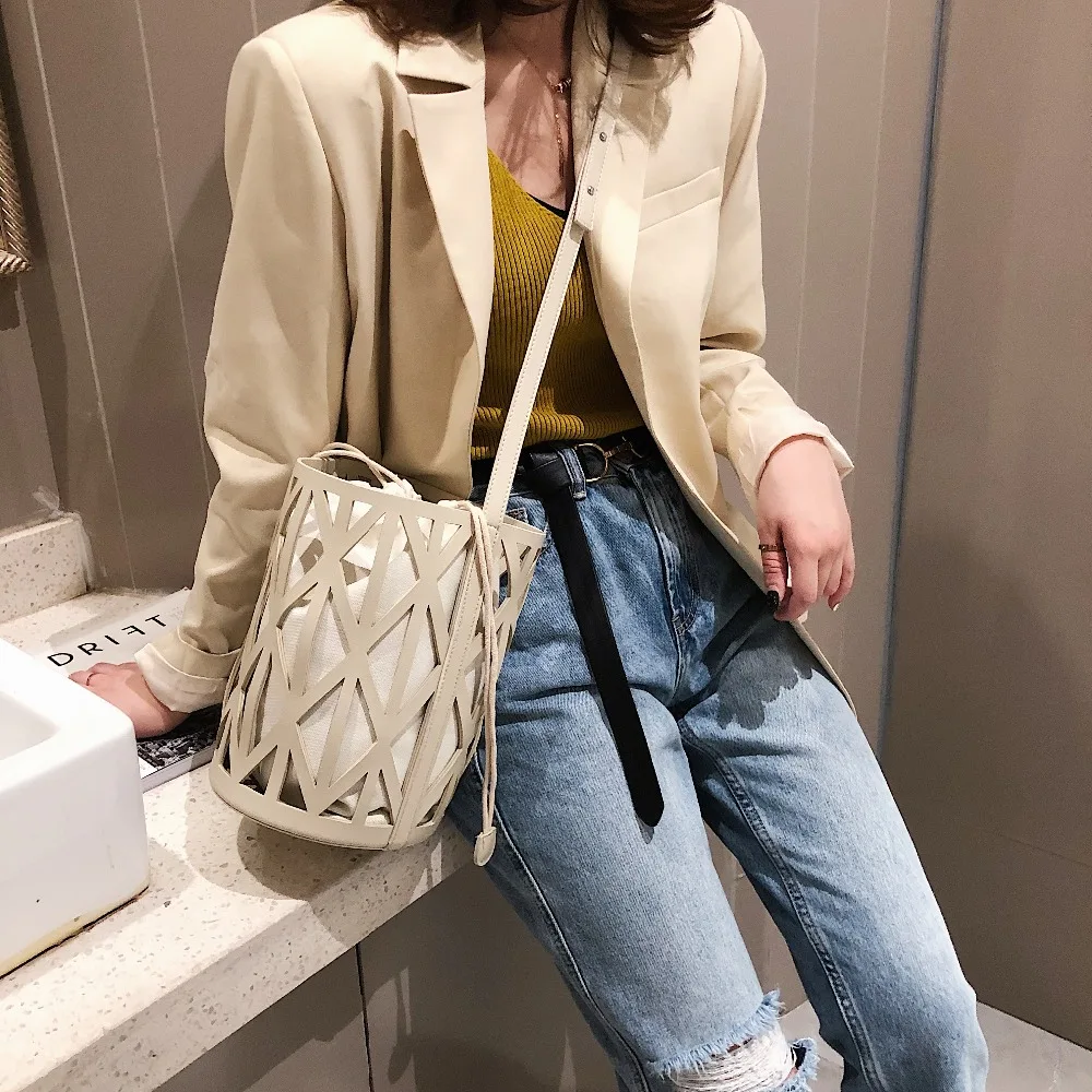 2 قطعة/المجموعة الرباط بو الجلود دلو حقيبة للنساء 2019 مصمم صغيرة جوفاء Crossbody أكياس السيدات حقائب كتف حقائب