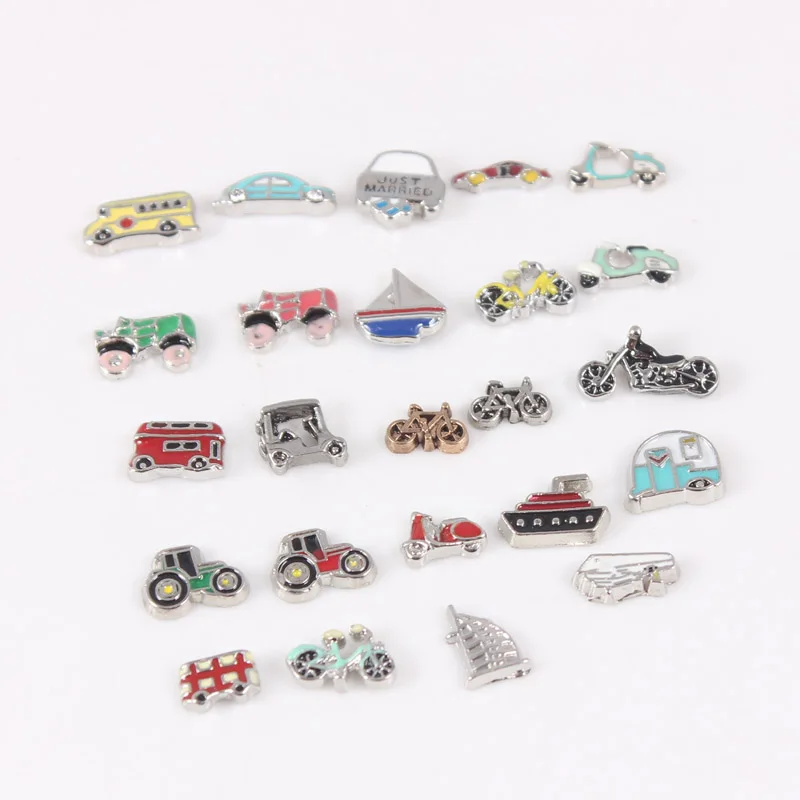 

Wholesale 100pcs/lot Random Mixed Floating Charms Car Bus Bike Motorcycle Tractor Sailing Boat Charms for Floating Locket