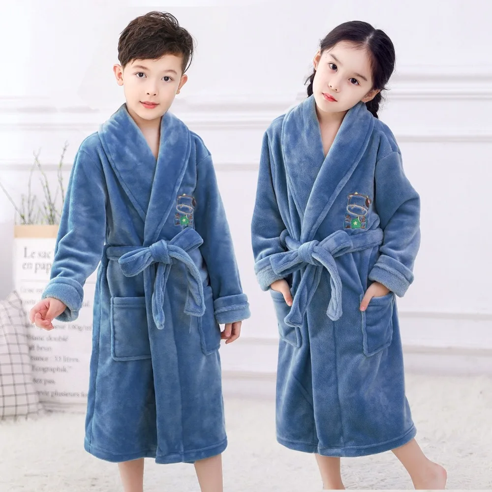 

Fashionable Flannel Bathrobes for Children Girls Soft Teenage Boys Sleepwear Cartoon Bear Print Pajamas Coral Velvet Bathgrowns