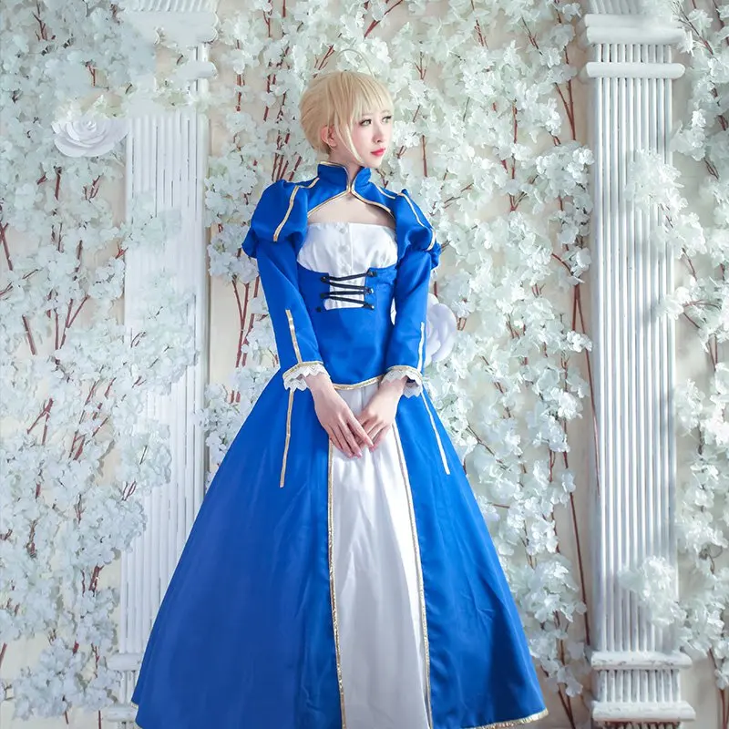 

Amine FGO Fate/Extella Saber Blue Uniforms Cosplay Costume Arturia Pendragon Blue White Fighting Suit