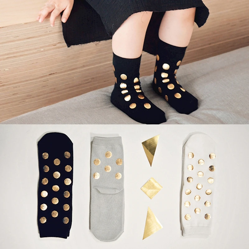 

3 pairs/lot spring & autumn kids socks cotton golden foil printed dot children socks for boys girls 0-6 year baby socks