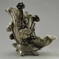Ремесла статуя Коллекционная Оформлен Старый Ручная Тибет Серебряные Черепаха Нести Лотоса Кисть Горшок