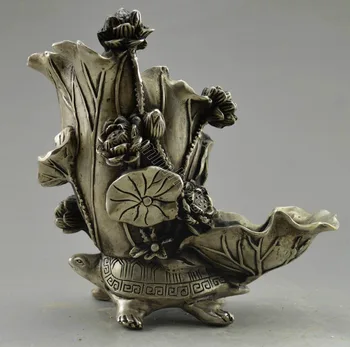 

Crafts statue Collectible Decorated Old Handwork Tibet Silver Tortoise Carry Lotus Brush Pot