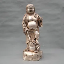 1" Китай Серебро Бронза Бог богатства Майтрейи Жаба Статуя Будды Фигурка
