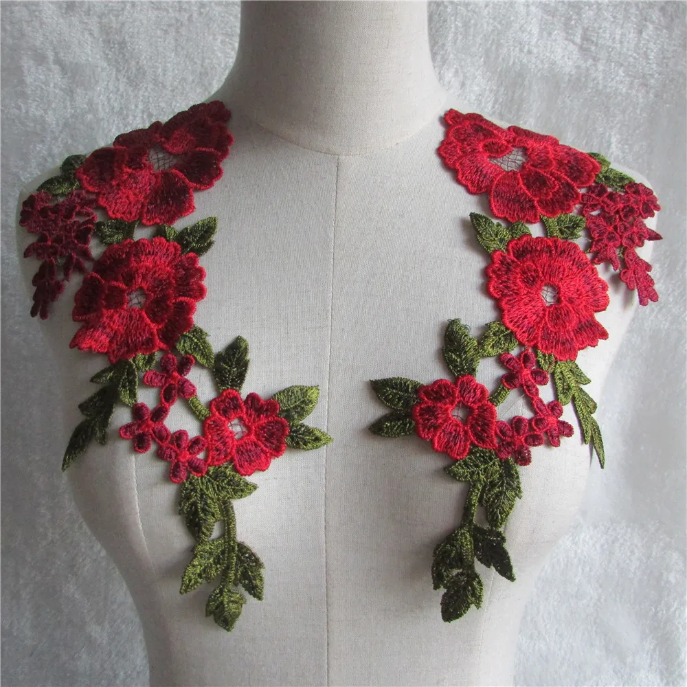 A pair red floral flower beaded patch applique floral patch clothing