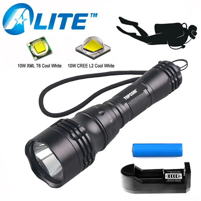 100% Waterproof IP68 Aluminum Diving Flashlight XML T6 CREE XML2 LED 10W Underwater Torch Diver Flash light with 18650 battery