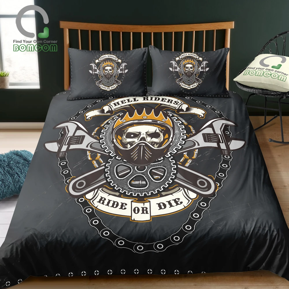 

BOMCOM 3D Digital Printing Duvet Cover Set Skull Rider Spanner Wheel Gear Motorcycle Helmet Bedding Set 100% Microfiber