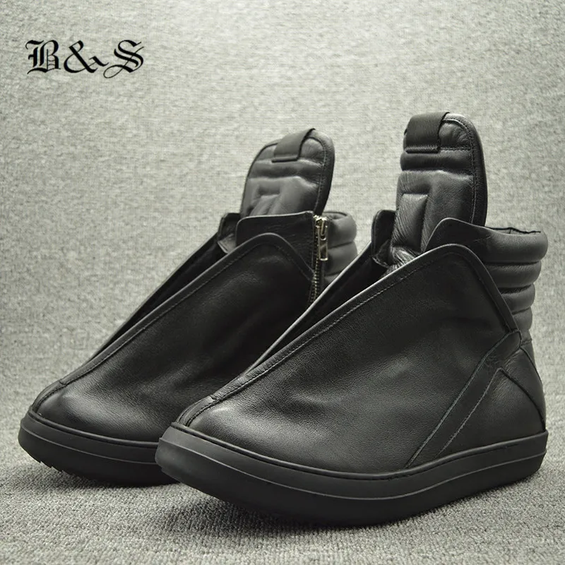 Black& Street Men Hip Hop Genuine Leather Ankle Boots Luxury Trainers Personalized Blast Fashion High Top Rock Boots Big Size