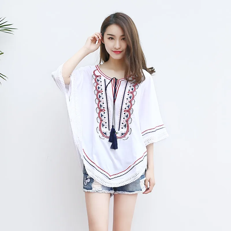 Summer Vintage Retro Mexican Batwing Women Embroidery Blouse Tunic