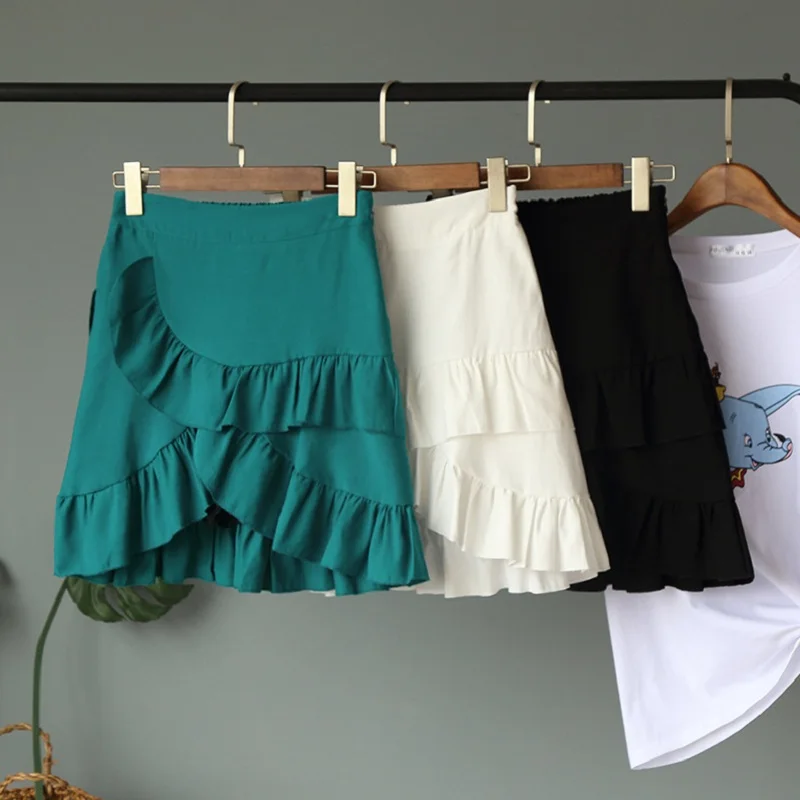 

Summer Irregularly stitched ruffled skirt 2019 Women Green print Midi Skirt Female Basic mini Skirts Women Bottom A word skirt