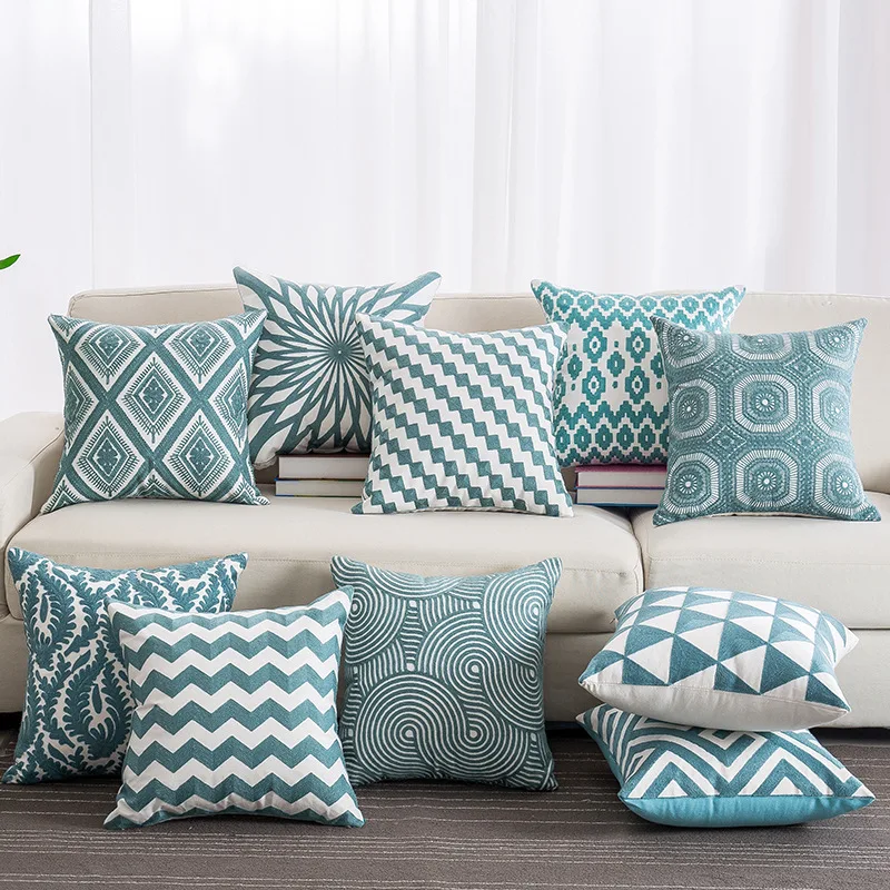 

European Haute Pillow Case Suitable For Sofa Office Lake Blue Wave Striped Triangle Floral Pillow Cover Soft Warm Cushion Cover