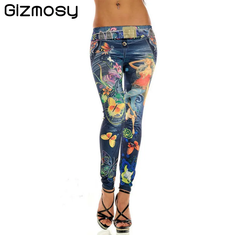 

Slim Women Sexy Seamless Imitation Cowboy Pants Printed Leggings Elasticity Butterfly Pant For Girl Spring Summer SY089