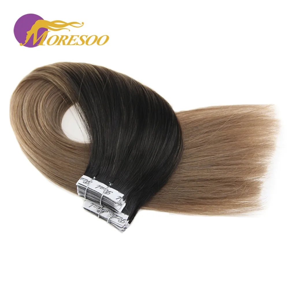 Moresoo 14-24 inch Tape in Human Hair Extensions Ombre Blonde Color Real Remy Adhesive Hair Extensions 2.5g/pc 25g-100g