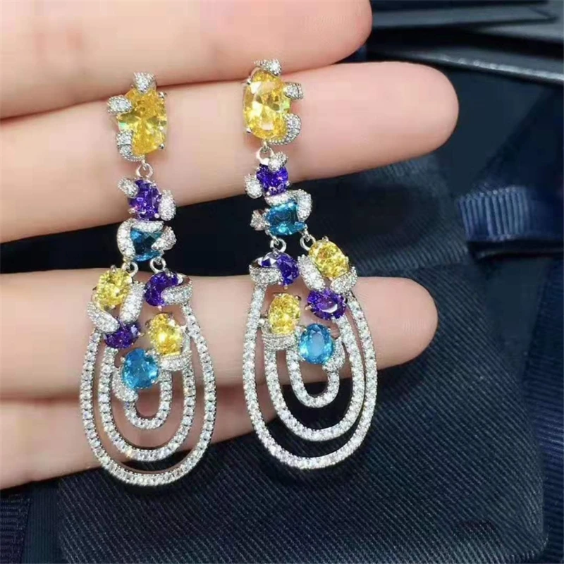 

Luxury Trendy Water Drop Film Colorful Stones Crystal Drop Earrings For Women Sliver Needle High Quality Graded Earrings E03634
