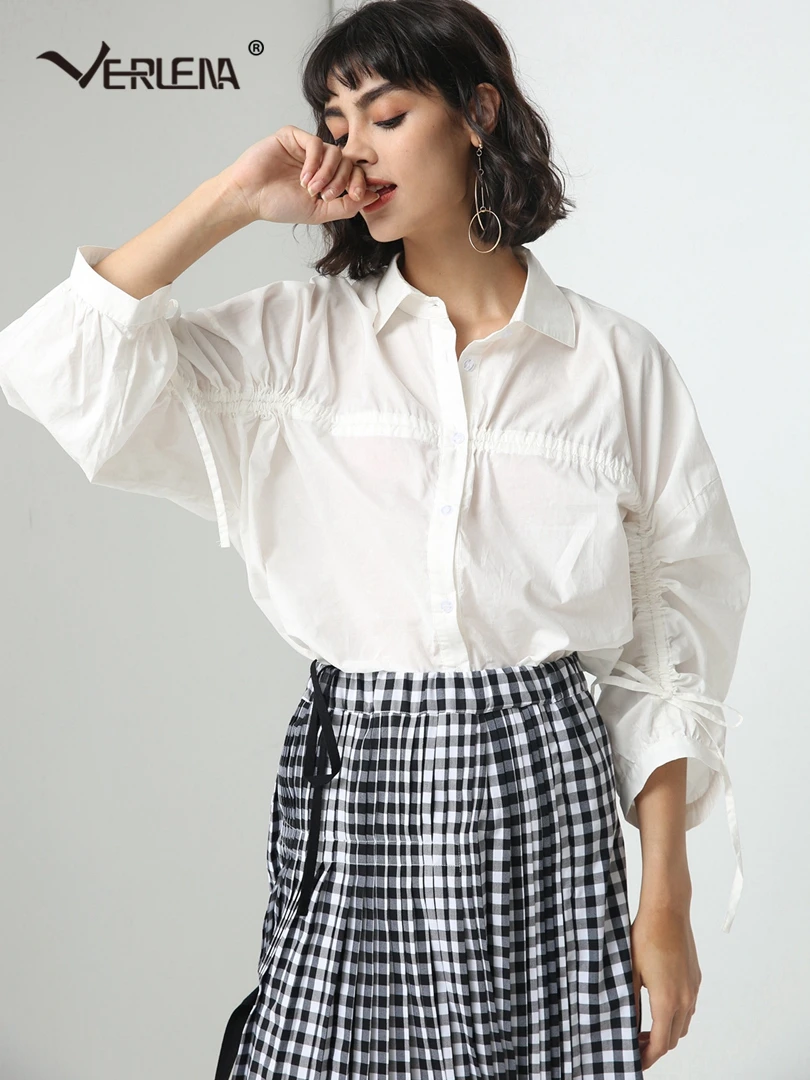 

Verlena Loose Oversized Irregular Women White Blouse Long Sleeve Single Breasted Button Drawstring Point Collar Elegant Shirt