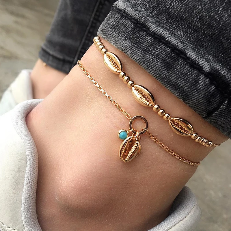 

2 Pcs/ Set Fashion Beach Shell Beads Gem Pendant Gold Double Chain Anklet Female Personality Jewelry Accessories