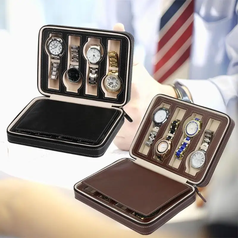 2/4/8 Grids PU Leather Watch Box Watch Organizer Storage Watches Display Case Tray Zippere Travel Jewelry Watch Collector Case