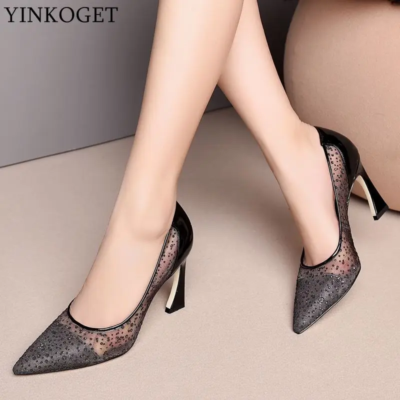 

YINKOGET genuine leather+lace sexy high heels wedding women shoes fashion Sequins party women heels office ladies shoes