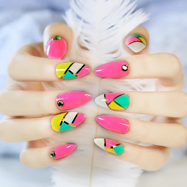 Full Cover False Finger Nails Fake Pointed Art Decor Triangle Full Cover False Finger Nails Fake Pointed Art Decor Triangle Mix Bright Pink Green Yellow