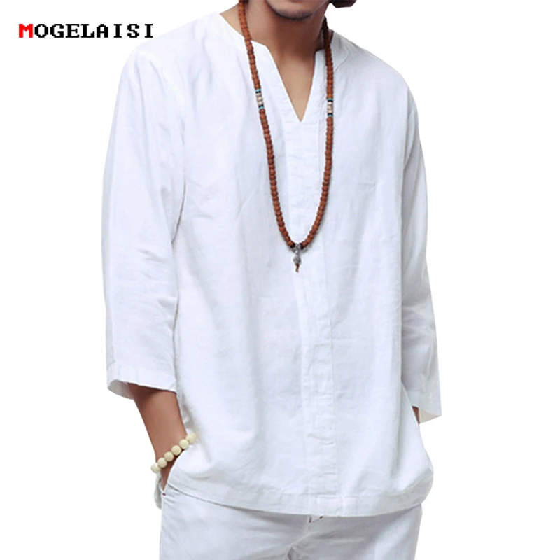 Acheter Chinois linge de style chemise Plus La taille 4XL 5XL hommes casual Respirant blanc doux trois quarts chemise Camisa masculina Offre Spéciale TX55