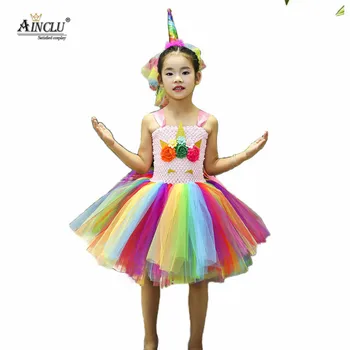 

Girls Rainbow Bustle Unicorn Tutu Dress Cute Girl Flowers Birthday Party Cosplay Tulle Tutu Dress Children Pony Cartoon Outfits