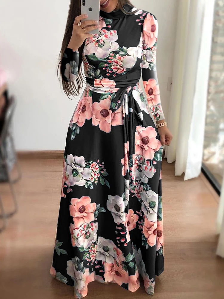 Женское длинное платье макси с коротким рукавом, высокий шейный шарф, Платья с цветочным принтом, женские модные вечерние платья, Femme Vestidos - Цвет: Black 2