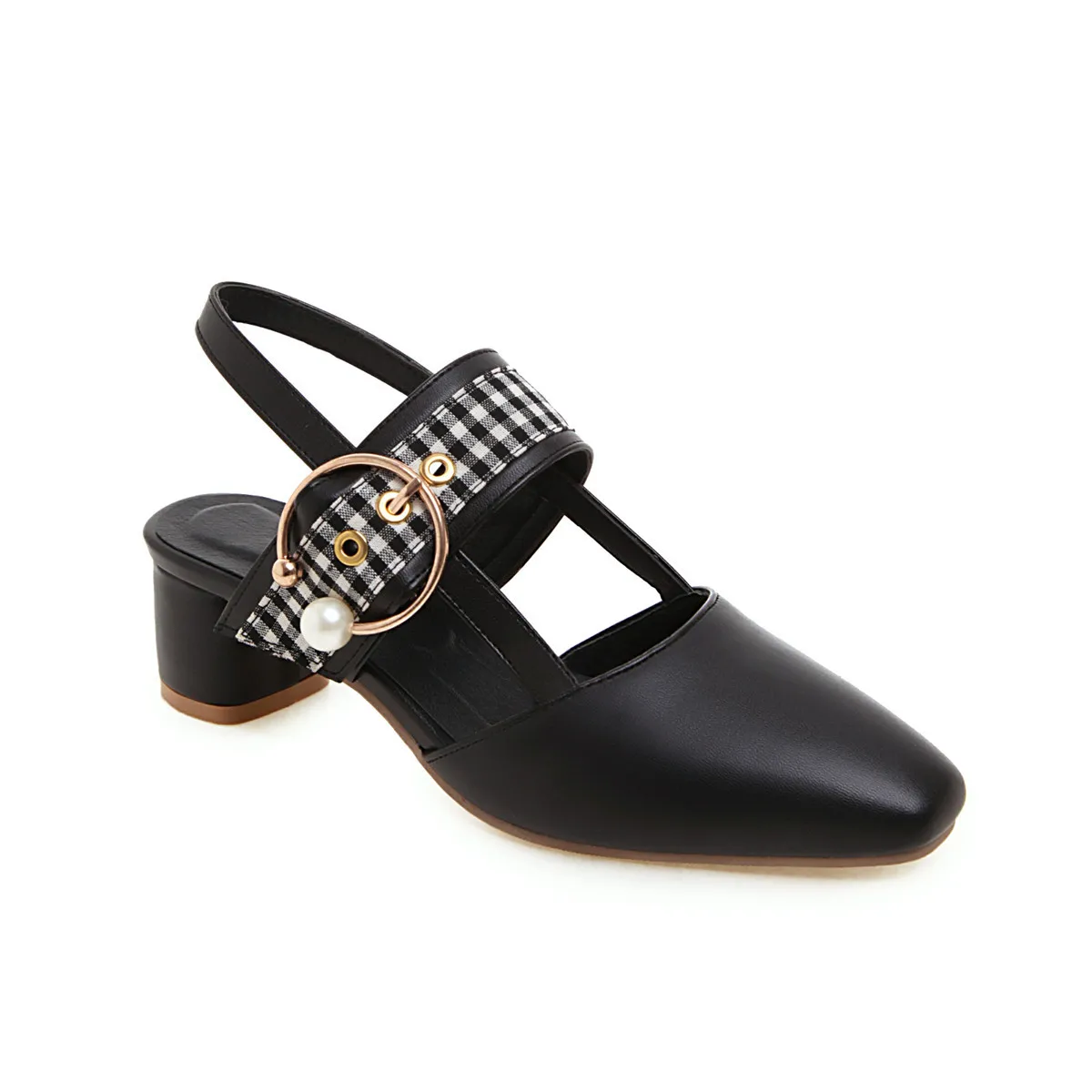 

Summer 2019 New Retro-buckle Back Trip-and-tie Square Head Shallow-mouthed Women's Shoes Size Plaid Mature