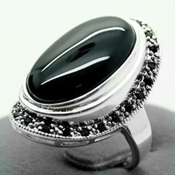 

17X30mm Black Natural jade Oval 925 Sterling Silver Marcasite Ring Size 7/8/9/10