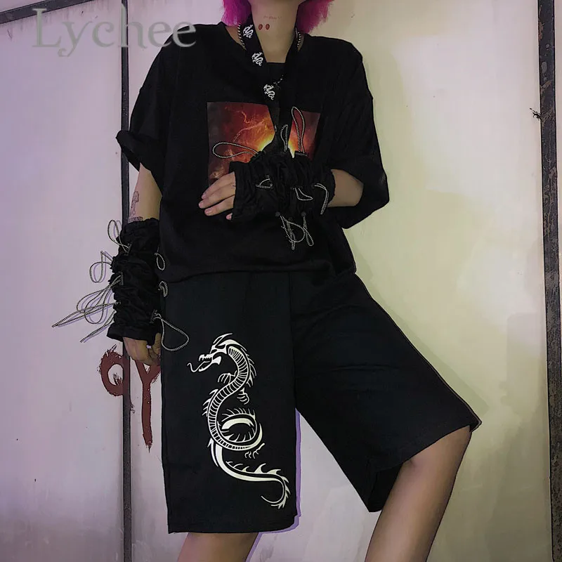 

Lychee Streetwear Dragon Print Female Shorts Loose Above Knee Spring Summer High Waist Color Block Women Shorts