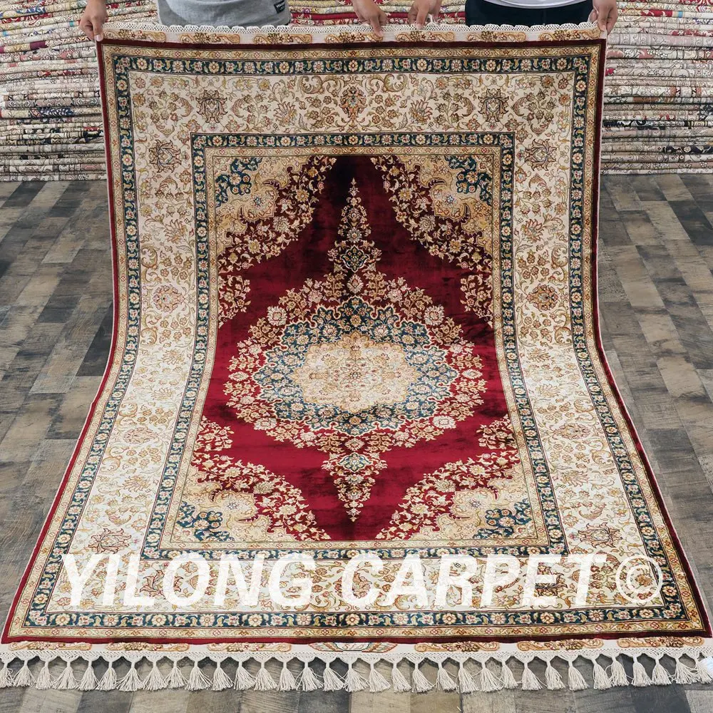 Yilong 4.6'x6.7' Red Persian Oriental Hand Knotted Turkish Silk Persian