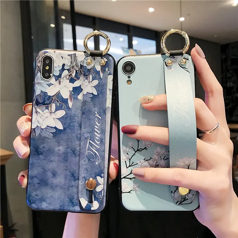 

Flowers Phone Case For iphone XS Max X XR 8 7 6 6S Plus Cover Wrist Strap Hand Band Cases Soft TPU Relief Coque Stand Capa