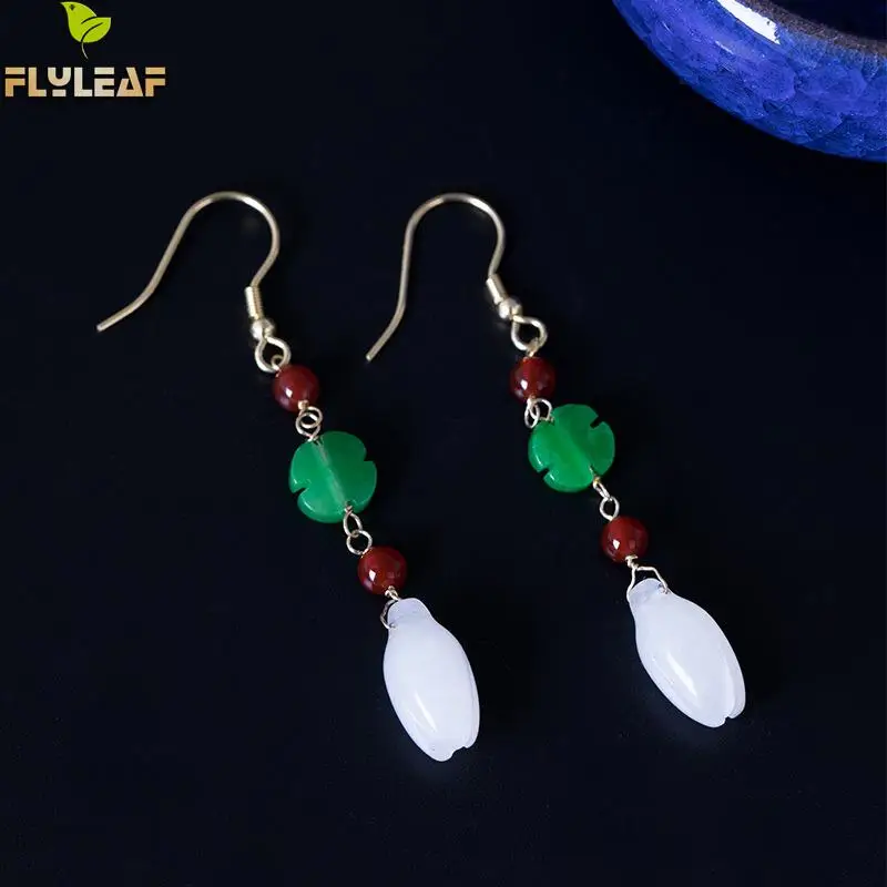

Flyleaf 100% 925 Sterling Silver Magnolia Flower Drop Earrings For Women Chinese Vintage Style Lady Jewelry