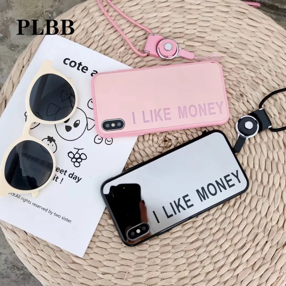 PLBB Luxury Acrylic Mirror Lover Heart Geometric Soft TPU Phone Coque Cover Case for iPhone X Xs Max XR 6 6S 7 8 Plus + Landyard |