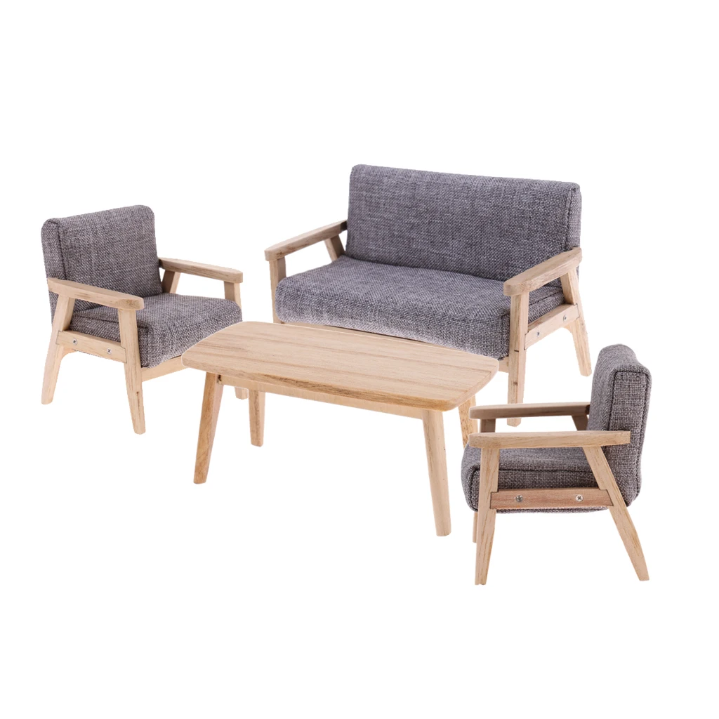 4PCS 1/12 Dollhouse Miniature Furniture End Table & Sofa Chair Set, Dolls House Life Scene Ornament, Kids Furnishings Toy