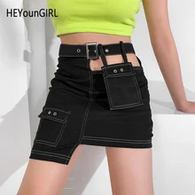 HEYounGIRL ассиметричный, с высокой талией юбка Harajuku черные короткие юбки женские готические вырезанные женские юбки с карманами уличная