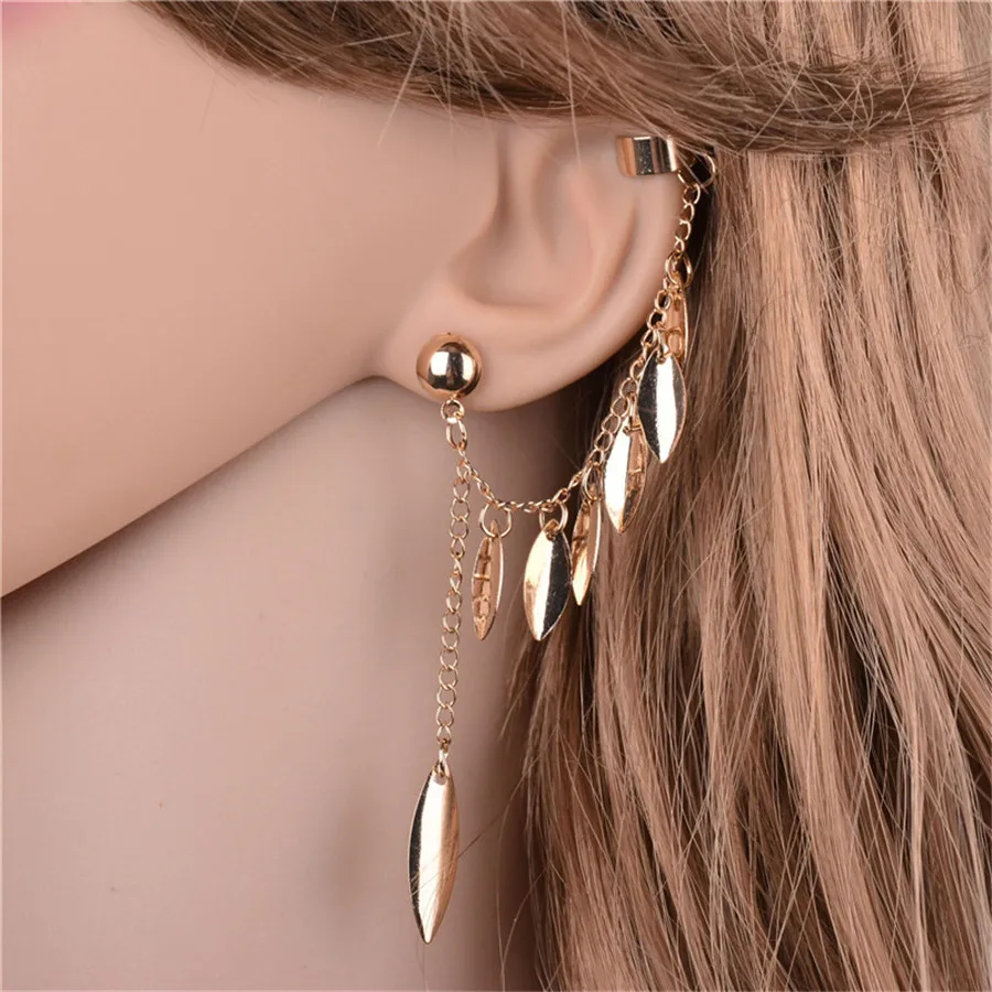 

SexeMara 1pc New Fashion Women Girl Punk Rock Leaf Chain Tassel Dangle Cuff Earrings Charms Metallic Wrap Ear Cuff Earrings