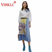 Новинка весны осень, для женщин с высокой талией, из лоскутов эластичные Bouffancy Цветочный Принт Кисточкой Пояса Для женщин плиссированная юбка C792