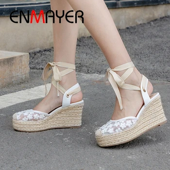 

ENMAYER 2019 New Arrival Genuine Leather Gladiator Women Sandals Summer Hing Heel Casual Solid Shoes Size 34-39 LY2247