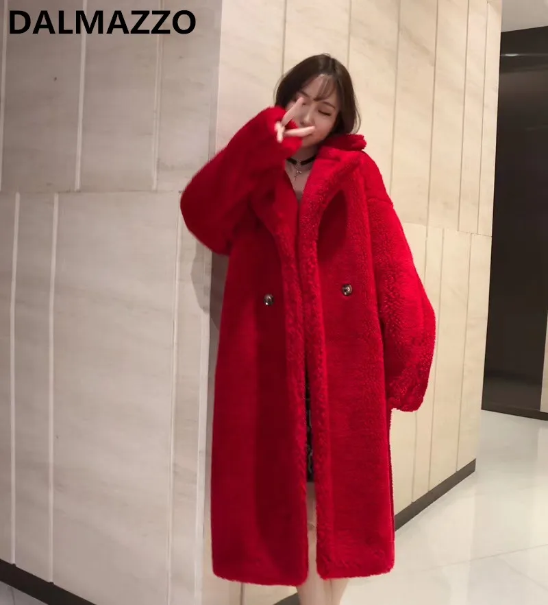 Goedkoop 7 kleuren 2018 Ontwerp Nieuwste Winter Vrouwen Teddy Bont Wollen Turn down Kraag Thicken Oversized Windjack Kerstmis Lady Lange jas