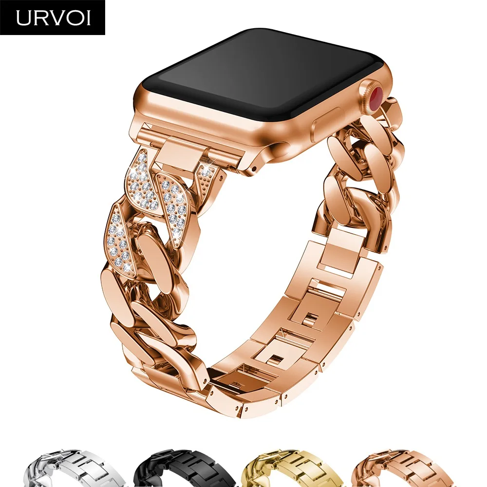 URVOI ковбойская цепь для Apple Watch series 5 4 321 ремешок из нержавеющей стали iWatch сияющий