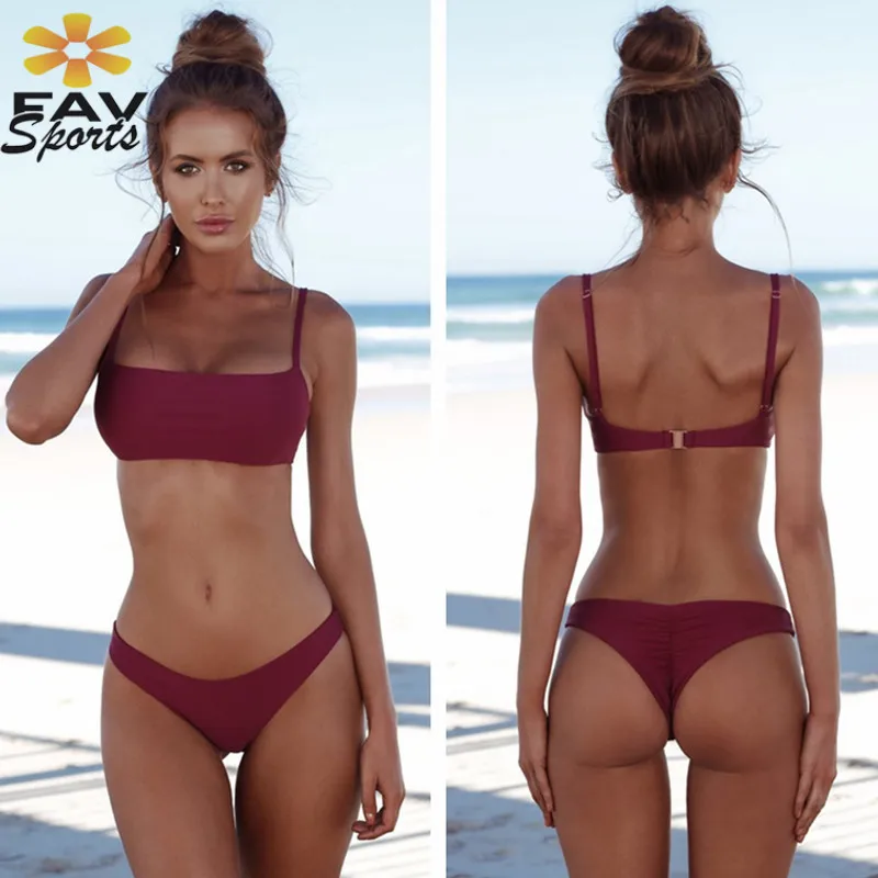 

FAVSPORTS 2018 Women Stylish Summer Push-up Swimwear Solid Bikini Set Padded Halter Bras Bandeau Bathing suit 1set Bikini Cloth